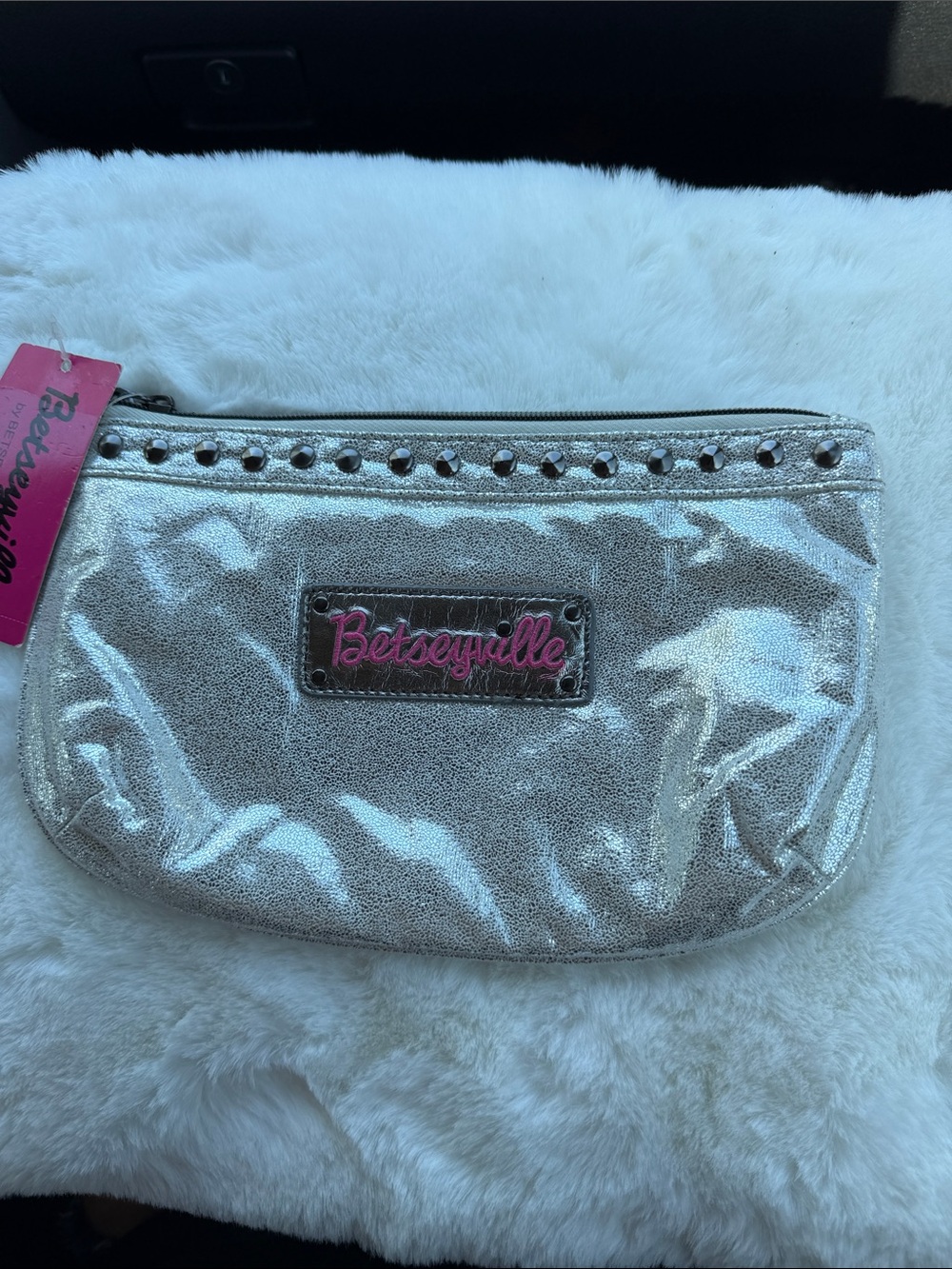Betsy Johnson Silver Studded Pouch/Makeup Bag NWT